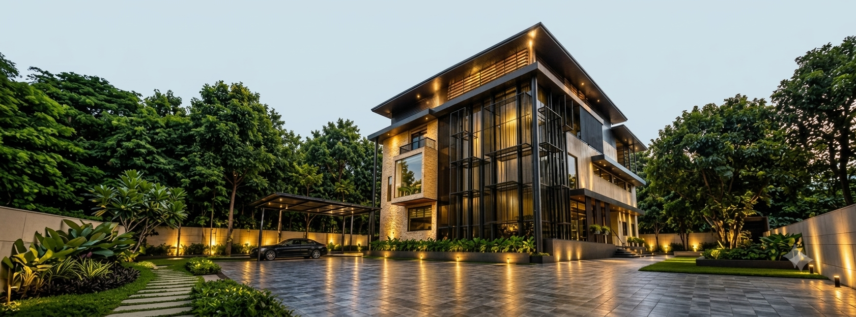 A modern residence with a landscaped pool